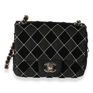 Chanel Black Velvet & Tweed Diamond Stitch Square Mini Flap Bag